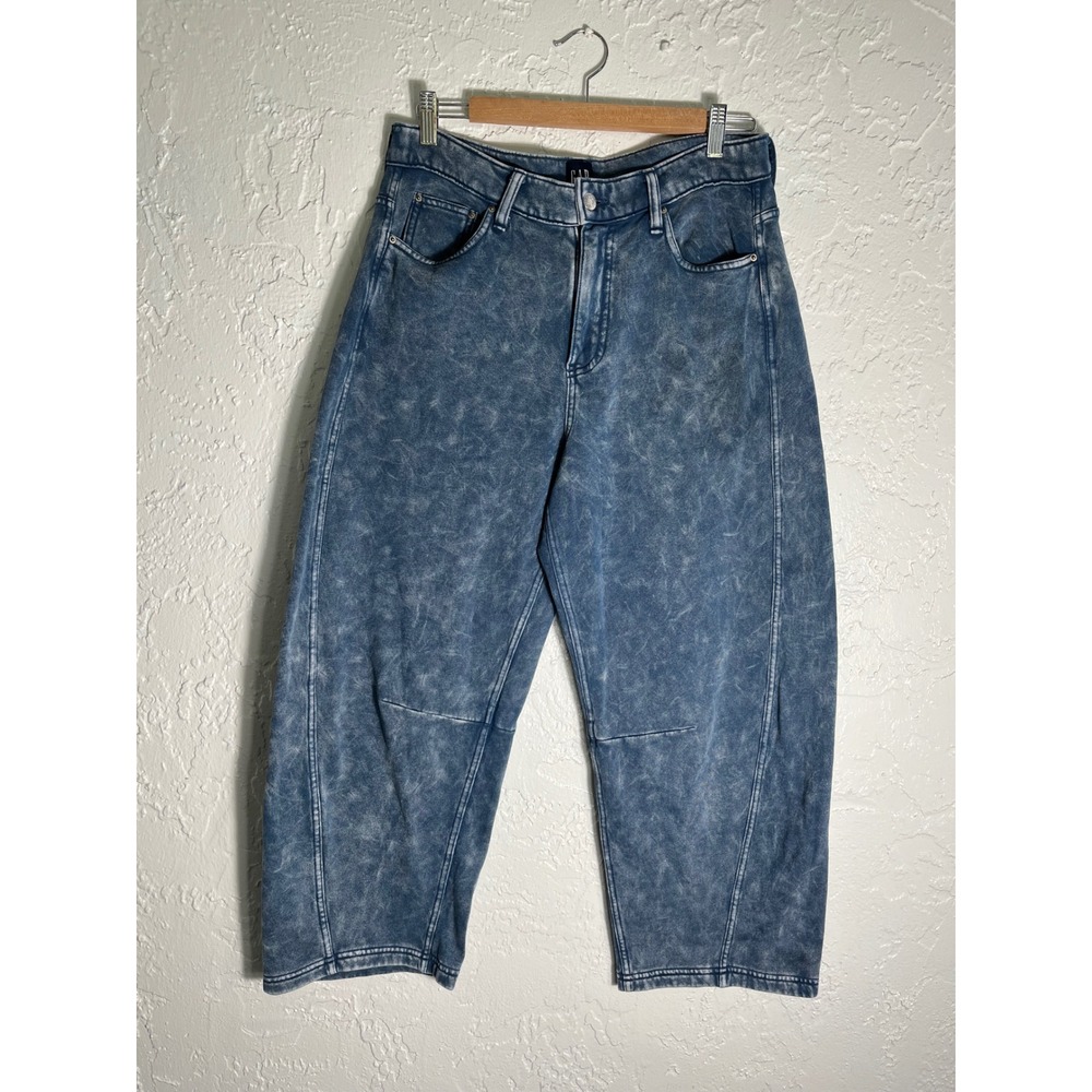 GAP Womens M Petite Acid Wash Barrel Jeans High Rise Relaxed Tapered Denim